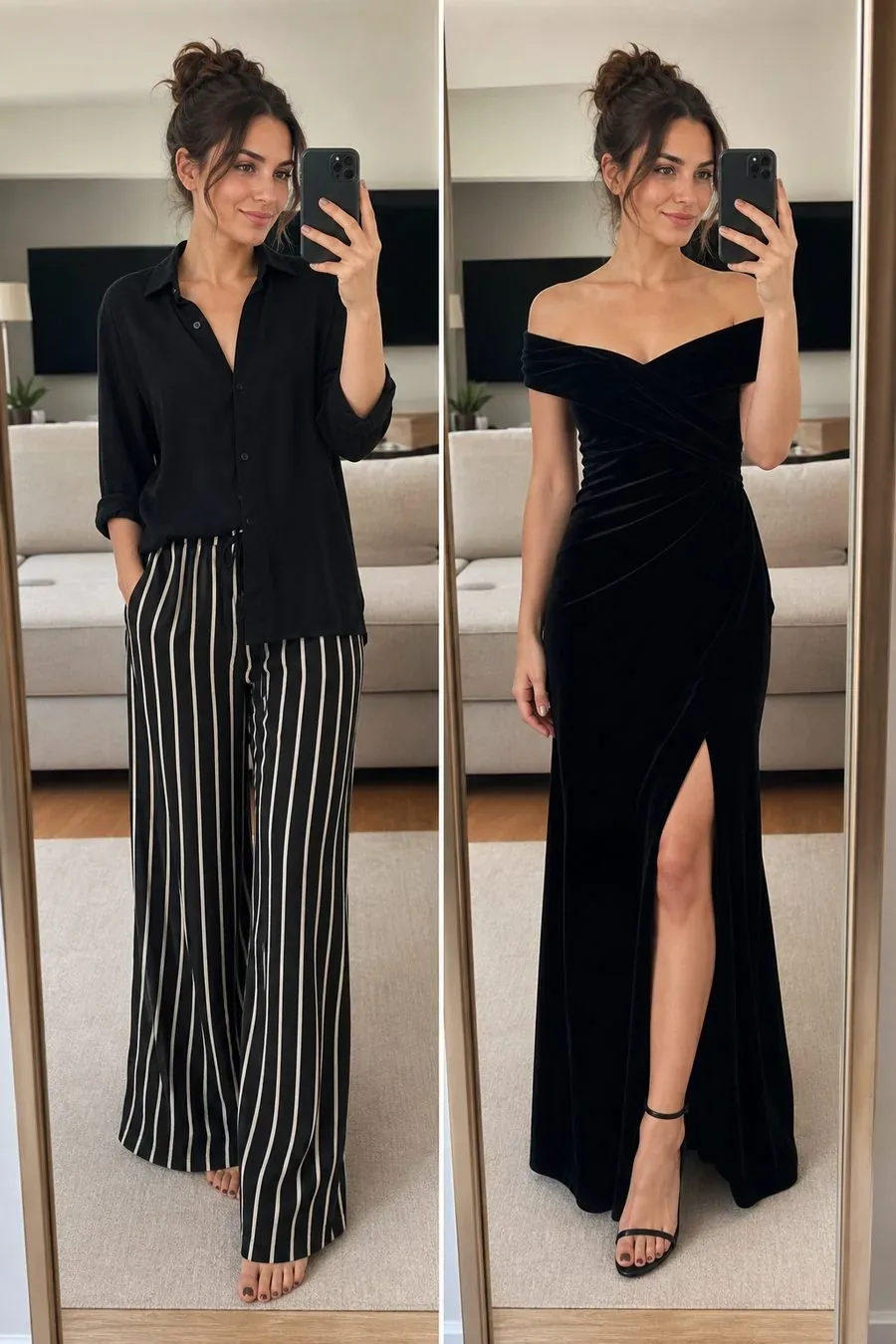 Styled look in velvet evening dress
