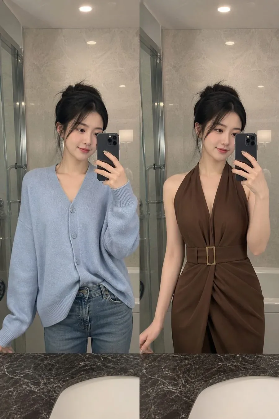 Styled look in belted brown dress