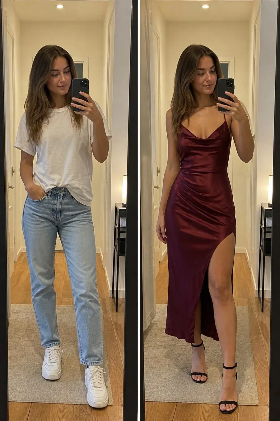 Styled look in burgundy satin dress